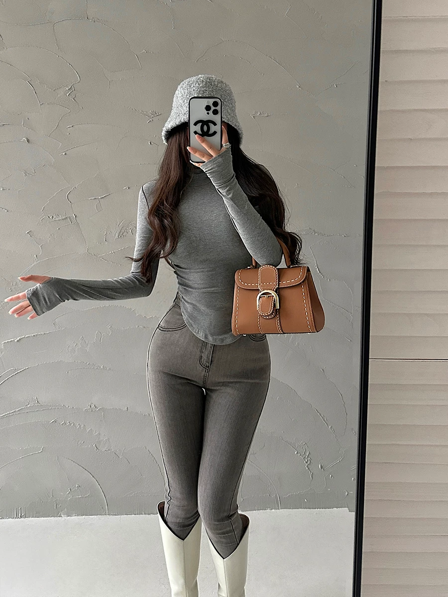 YoungGirlDay Pure Desire Cổ cao Slim Fit Đường viền cong Eo đàn hồi Áo thun dài tay lớp nền Top