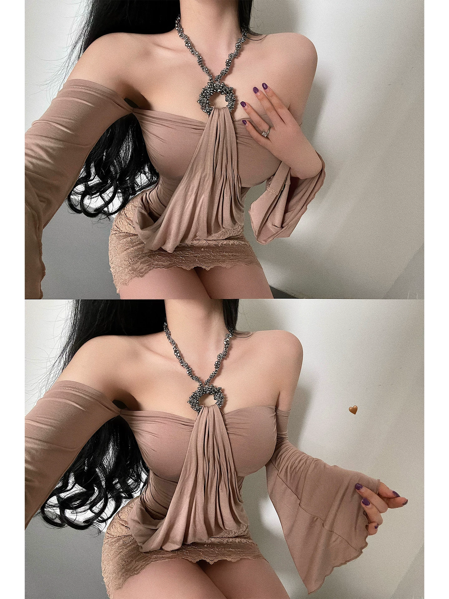 YoungGirlDay phong cách cổ điển thuần khiết, viền xếp ly, tay dài, dây chuyền đính đá chắc chắn, áo ống cổ halter có đệm ngực.