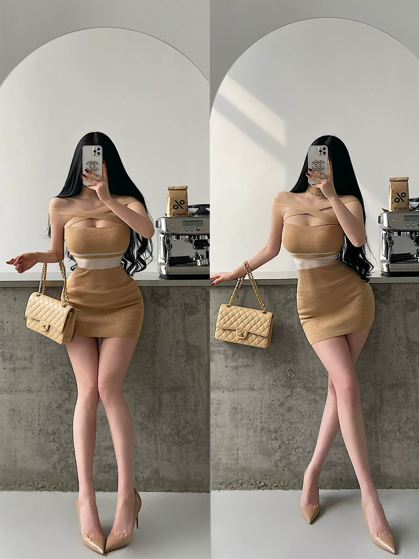 YoungGirlDay phong cách thuần khiết gợi cảm, váy ngắn ôm sát cơ thể, thiết kế khoét lỗ, phối màu, thắt eo, chất liệu dệt kim.