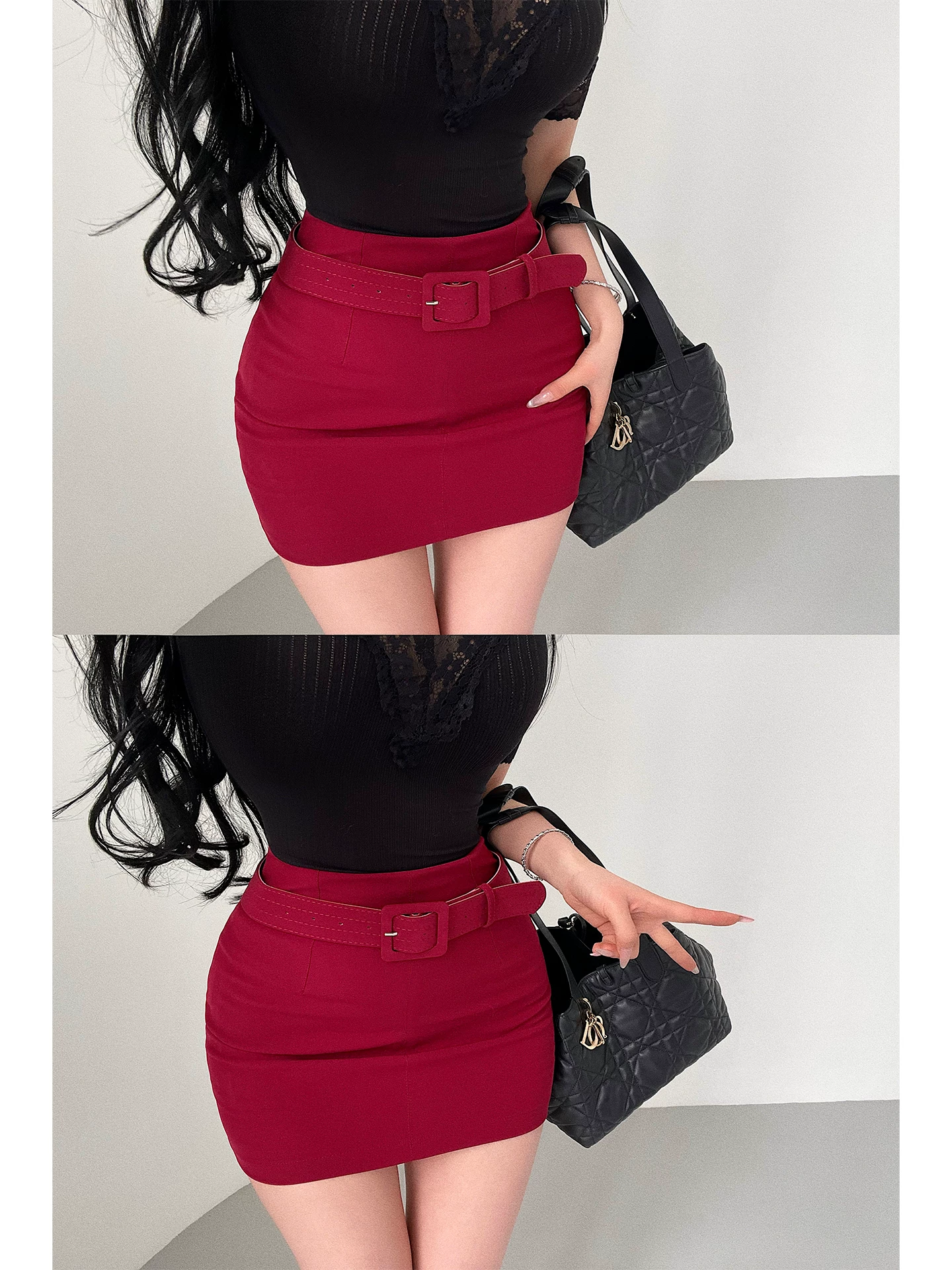 YoungGirlDay Phong cách Hàn Quốc thuần khiết gợi cảm OL váy cạp cao chống lộ hàng, váy ngắn ôm sát hông có thắt lưng