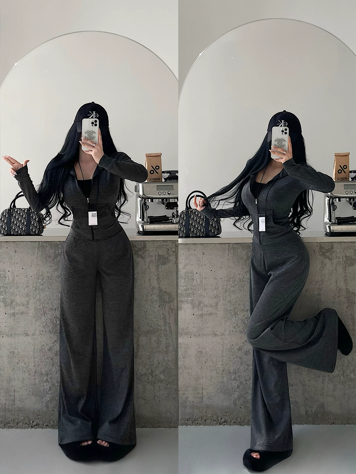 YoungGirlDay phong cách thuần khiết gợi cảm, áo khoác cardigan sọc có khóa kéo, quần ống rộng cạp cao, quần dài chạm sàn, bộ đồ