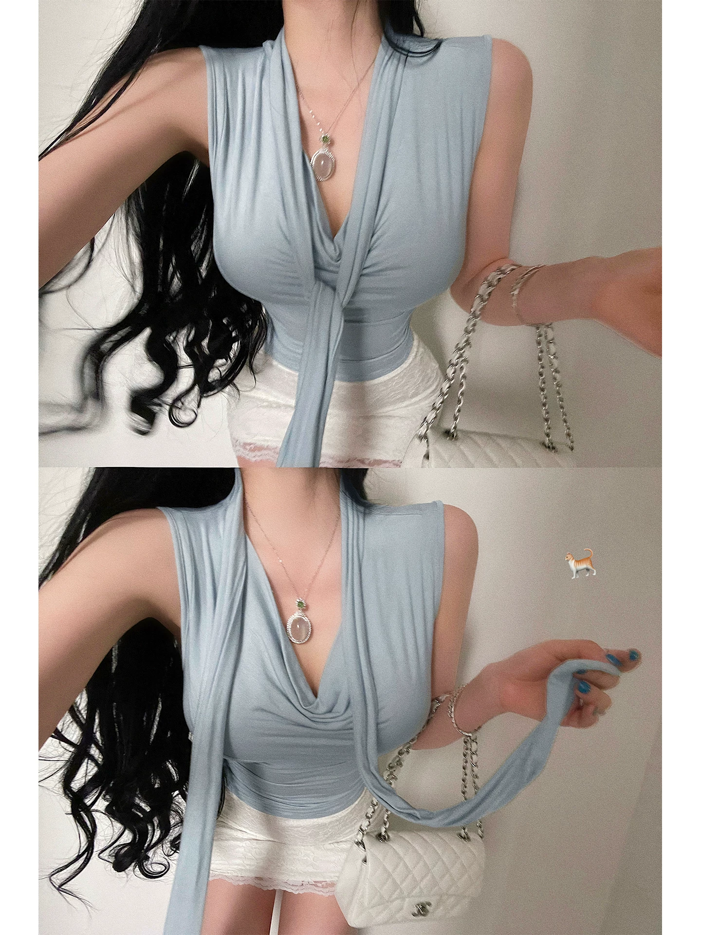 YoungGirlDay khao khát thuần khiết, gợi cảm dịu dàng, cổ áo có dây buộc, ôm sát eo, áo ba lỗ không tay