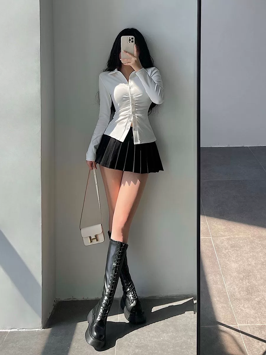 YoungGirlDay váy xếp ly eo cao gợi cảm kiểu chữ A có quần short an toàn chống lộ váy ngắn