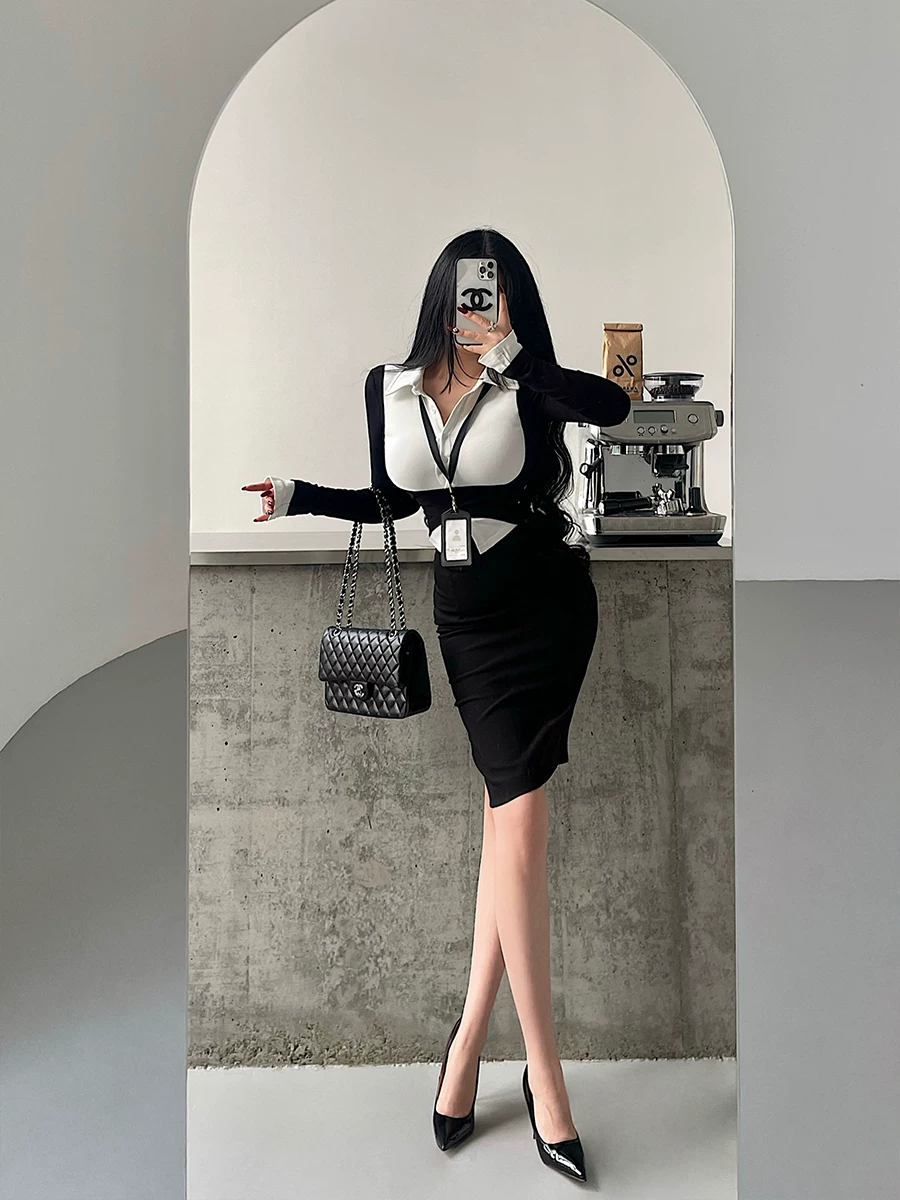 YoungGirlDay phong cách Hàn Quốc thuần khiết khao khát OL áo sơ mi giả hai mảnh phối màu đơn giản, bộ váy ôm eo cao