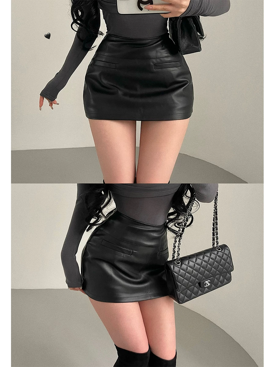 YoungGirlDay Váy da PU cạp cao gợi cảm có quần short an toàn để chống lộ, váy ngắn ôm sát cơ thể.