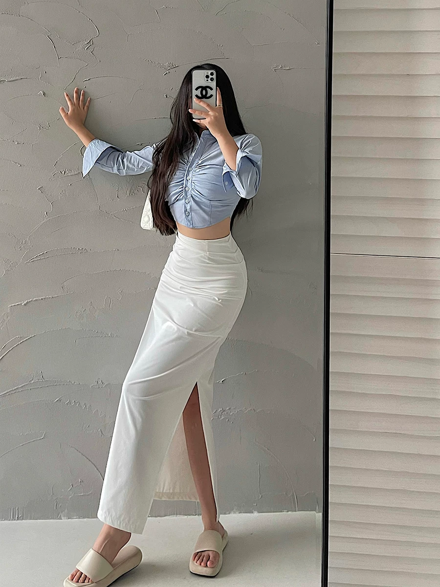 YoungGirlDay Phong cách Âu Mỹ gợi cảm, eo cao, xếp ly, xẻ tà, ôm sát cơ thể, váy dài công sở dành cho nữ.