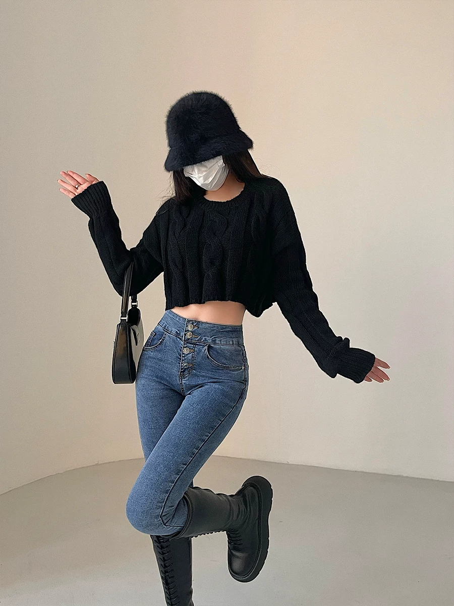 YoungGirlDay Áo len dệt kim cổ tròn kiểu Mỹ cổ điển, dáng rộng, kiểu ngắn, lộ rốn, áo len dài tay dành cho nữ