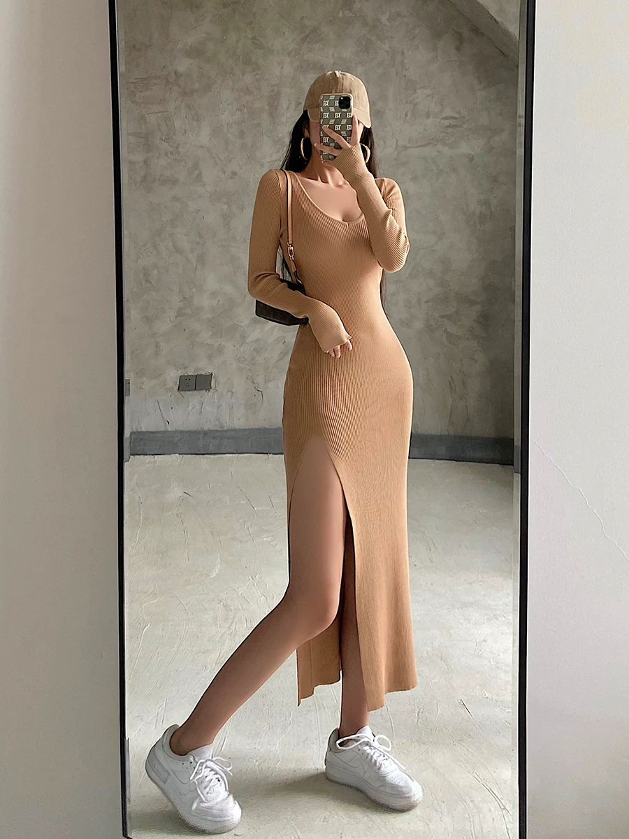Đầm ôm body dáng dài tay dài cổ V xẻ tà phong cách Âu Mỹ mới năm 2025 dành cho Ngày của Thiếu Nữ