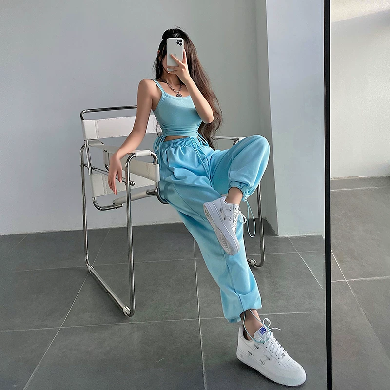 YoungGirlDay Quần jogger dây rút cạp cao dáng rộng phong cách Âu Mỹ, quần thể thao đa năng dành cho nữ