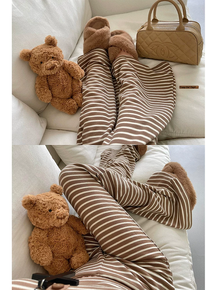 YoungGirlDay khao khát thuần khiết phong cách lười biếng quần cạp cao dáng rộng sọc loe quần dài đến sàn