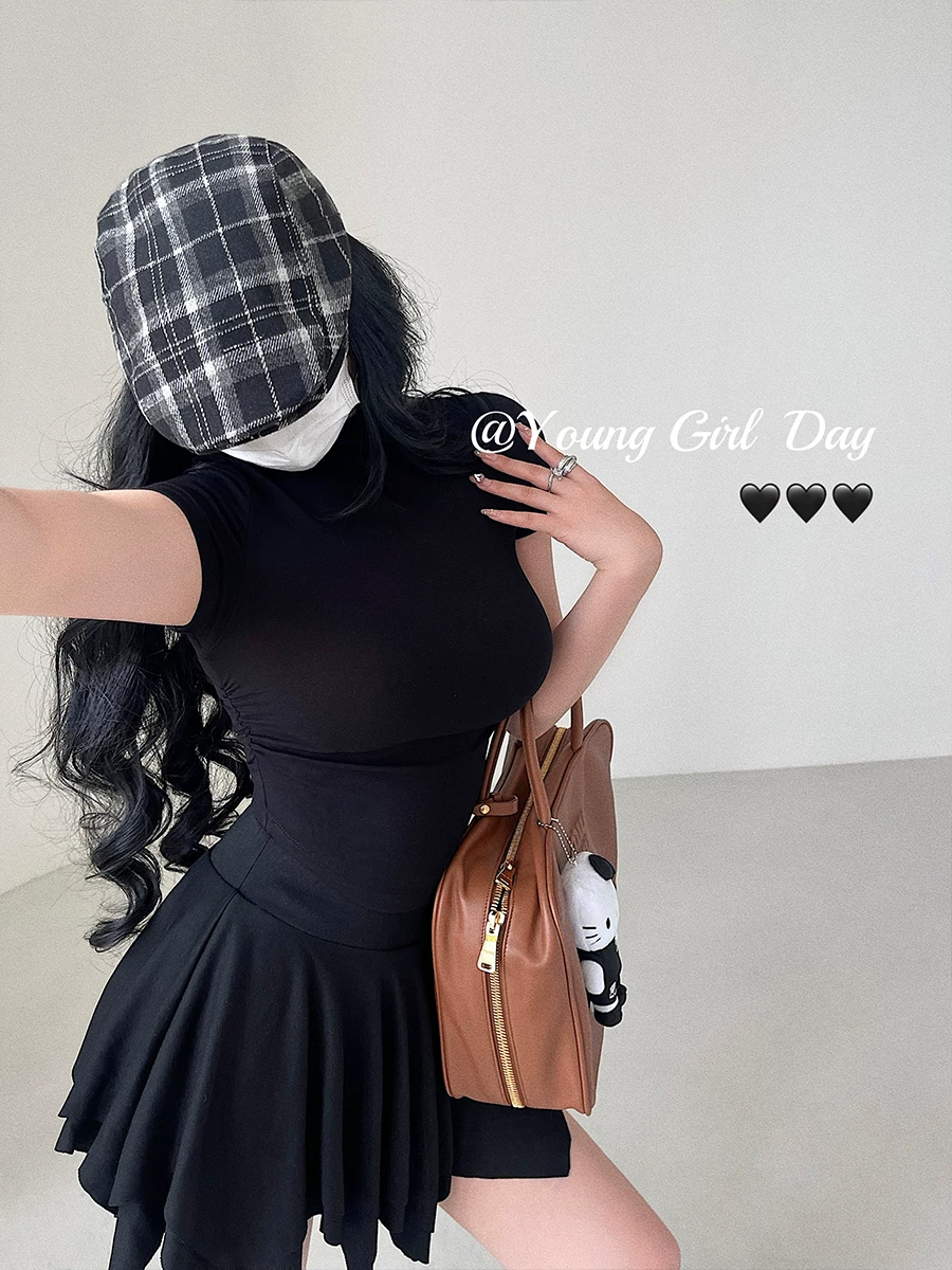 YoungGirlDay Pure Desire sexy slim fit cổ cao xếp ly viền cong áo thun ngắn tay dành cho nữ