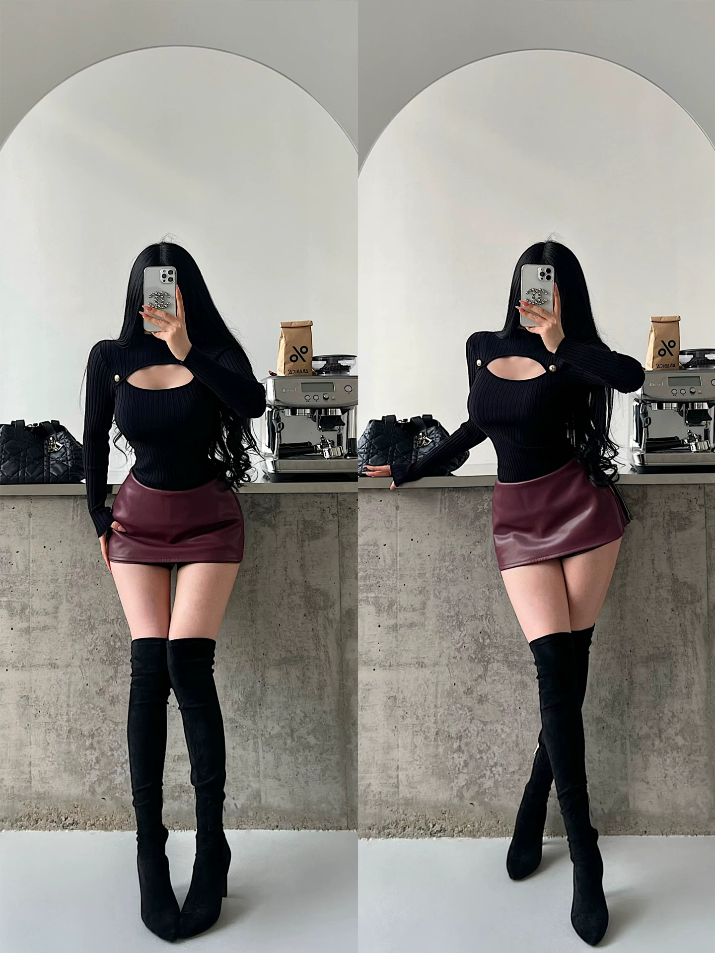 YoungGirlDay khao khát thuần khiết hot girl gợi cảm eo thấp có khóa kéo xẻ tà chống lộ hông ôm sát quần váy ngắn bằng da PU