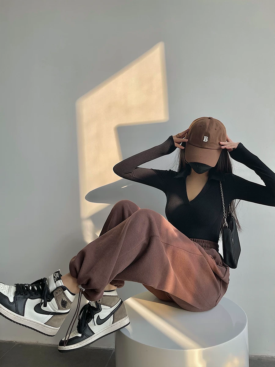 YoungGirlDay Quần jogger dây rút eo cao phong cách Âu Mỹ, màu trơn, đa năng, quần thể thao thông thường, quần dài