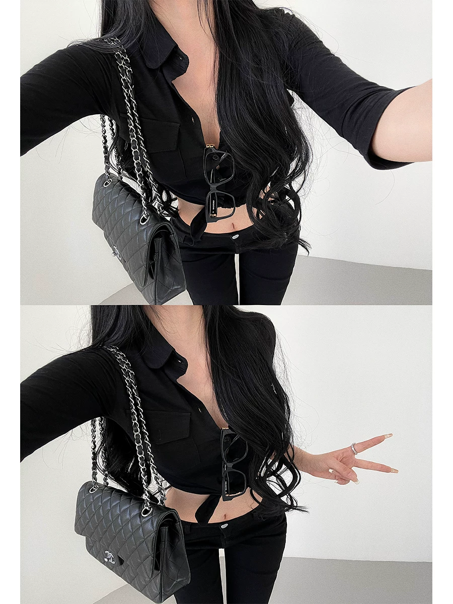 YoungGirlDay Áo crop top ngắn có cổ, thắt eo, tay áo ba phần tư, phong cách Hàn Quốc thuần khiết gợi cảm.