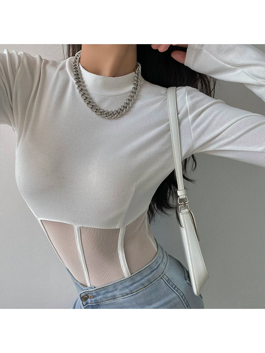 Áo thun dài tay phối lưới cổ cao YoungGirlDay gợi cảm dành cho nữ