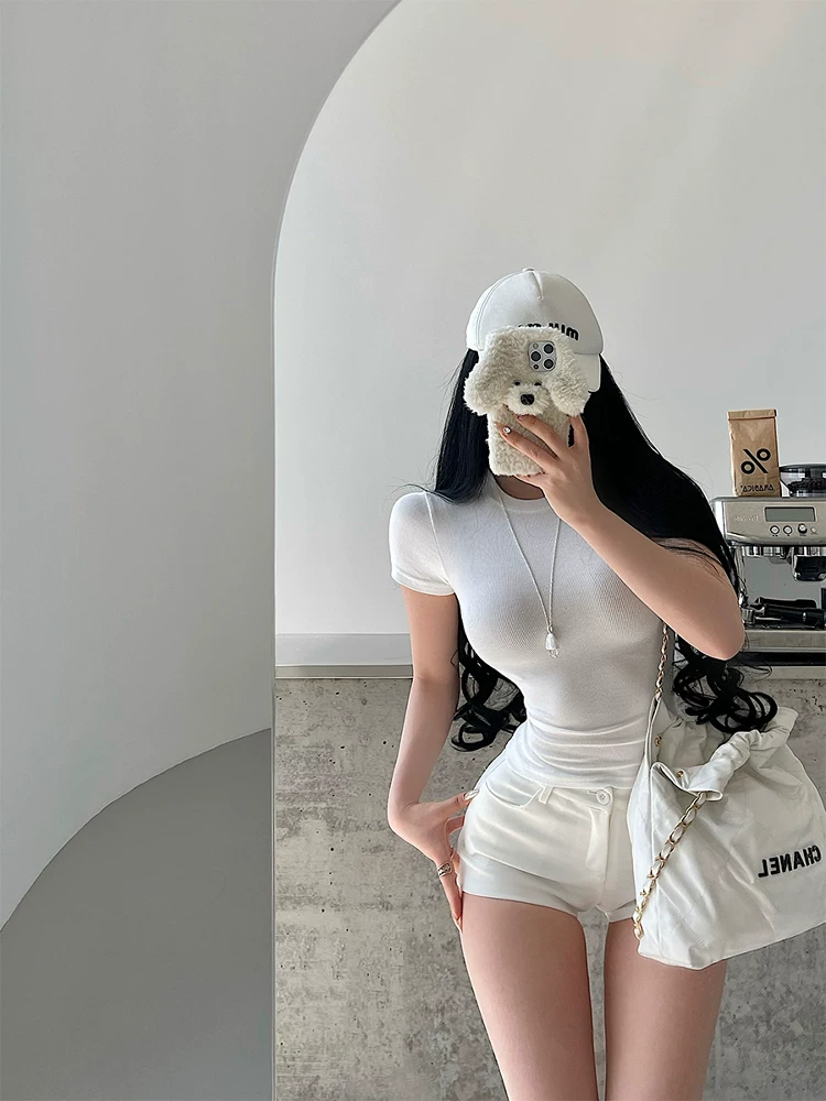 Áo thun ngắn tay đa năng YoungGirlDay Kardashian cổ tròn cơ bản, ôm sát, màu trơn, co giãn, đa năng
