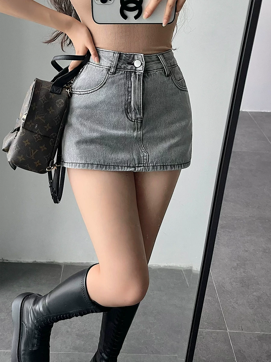 YoungGirlDay Váy ngắn denim chống lộ eo cao gợi cảm phong cách Mỹ dành cho cô gái nóng bỏng.