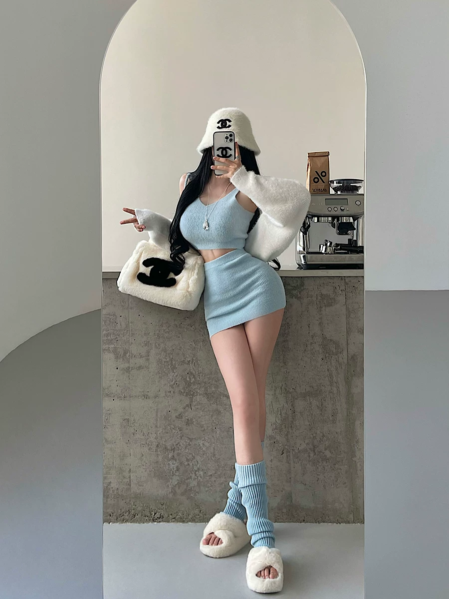 YoungGirlDay khao khát thuần khiết áo yếm gợi cảm áo cardigan dài tay cạp cao ôm hông váy ngắn bộ đồ dệt kim sang trọng