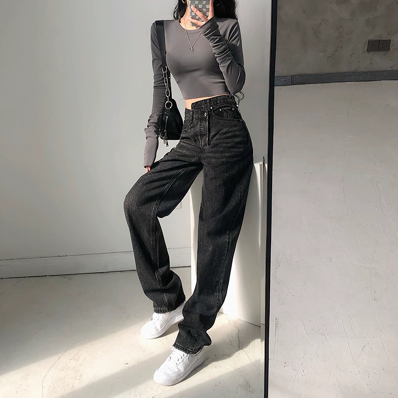 YoungGirlDay Blogger người châu Âu và Mỹ phong cách đường phố quần jean ống rộng dáng suông rộng rãi hợp thời trang