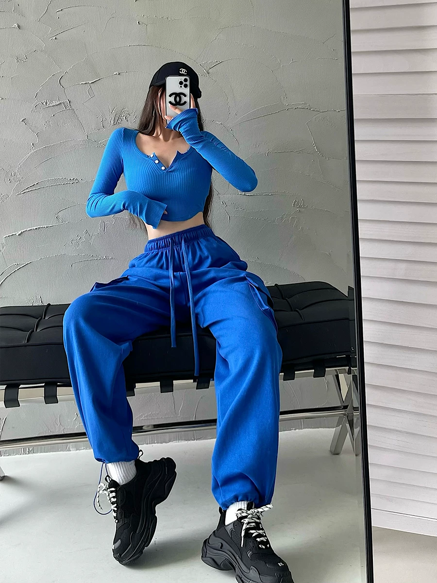 YoungGirlDay Quần jogger dây rút eo cao phong cách Âu Mỹ, có túi lớn, quần thể thao thông thường, quần dài