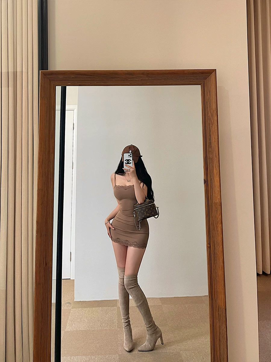 YoungGirlDay Kardashian váy ngắn bó sát gợi cảm phối ren chắp vá váy ngắn bodycon