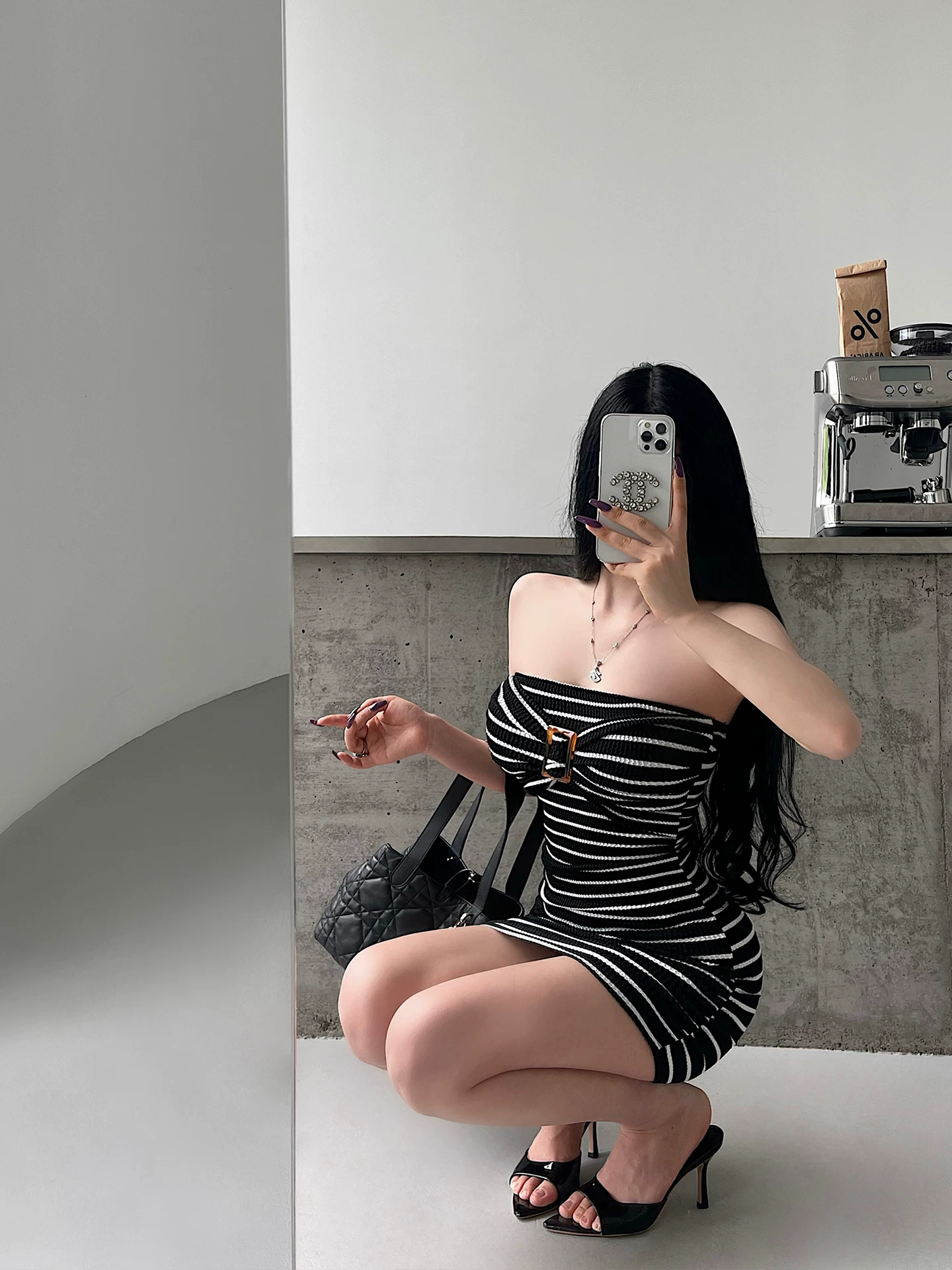 YoungGirlDay phong cách thuần khiết gợi cảm áo ống sọc gợi cảm ôm eo xếp ly váy bodycon dài tay kèm áo cardigan
