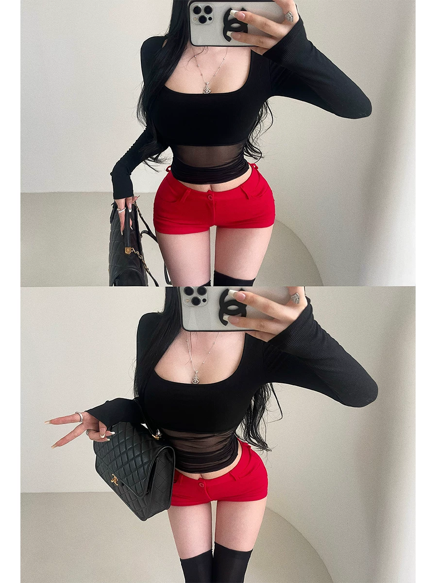 Áo thun dài tay phối lưới cổ vuông gợi cảm YoungGirlDay