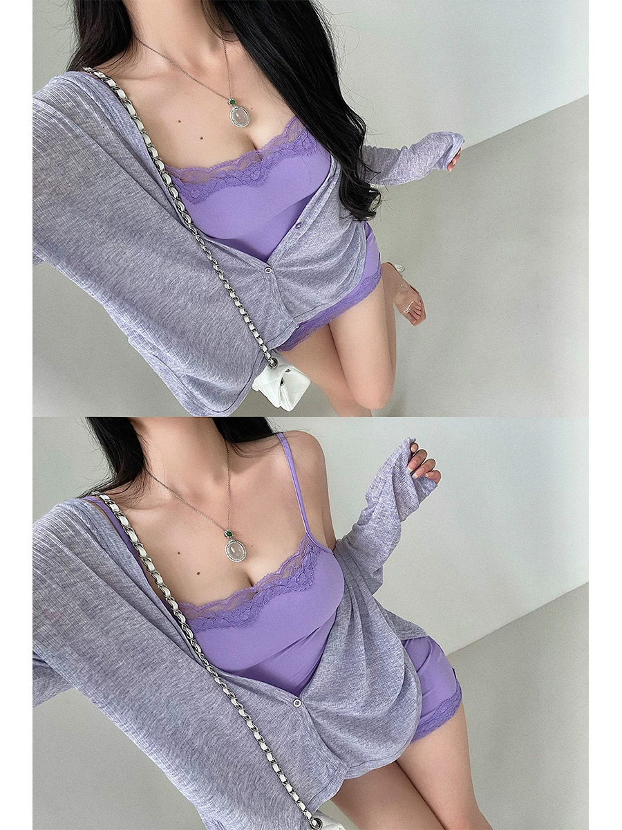 YoungGirlDay khao khát thuần khiết gợi cảm áo cardigan dài tay một hàng khuy ren dây treo ôm hông váy ngắn bộ váy ngắn