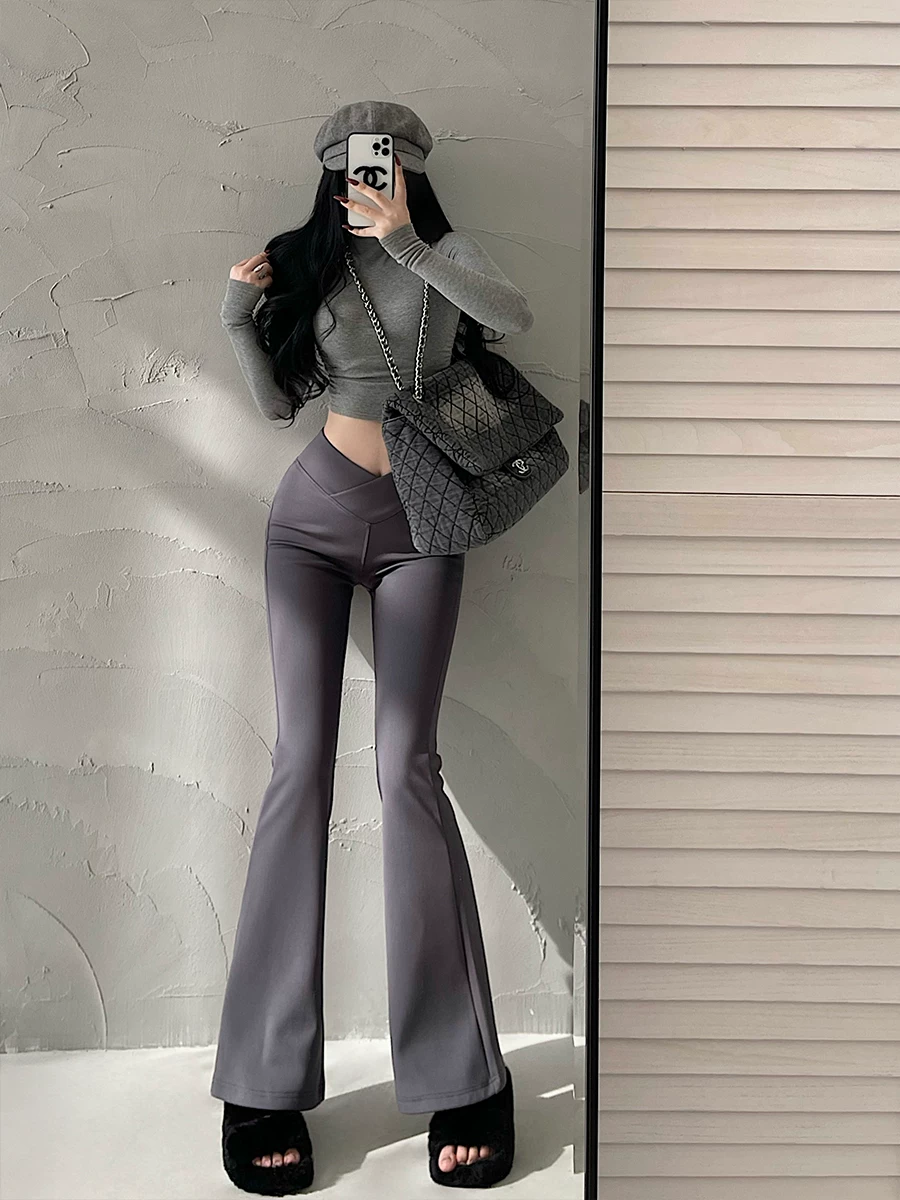 YoungGirlDay Quần ống loe cạp cao hình chữ V phong cách Âu Mỹ giúp chân trông dài hơn Quần thường ngày dành cho nữ