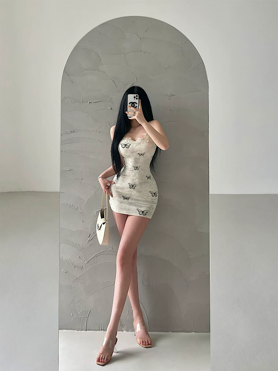YoungGirlDay khao khát thuần khiết hot girl in hình bướm đính đá sáng bóng ren treo váy váy ngắn ôm sát hông