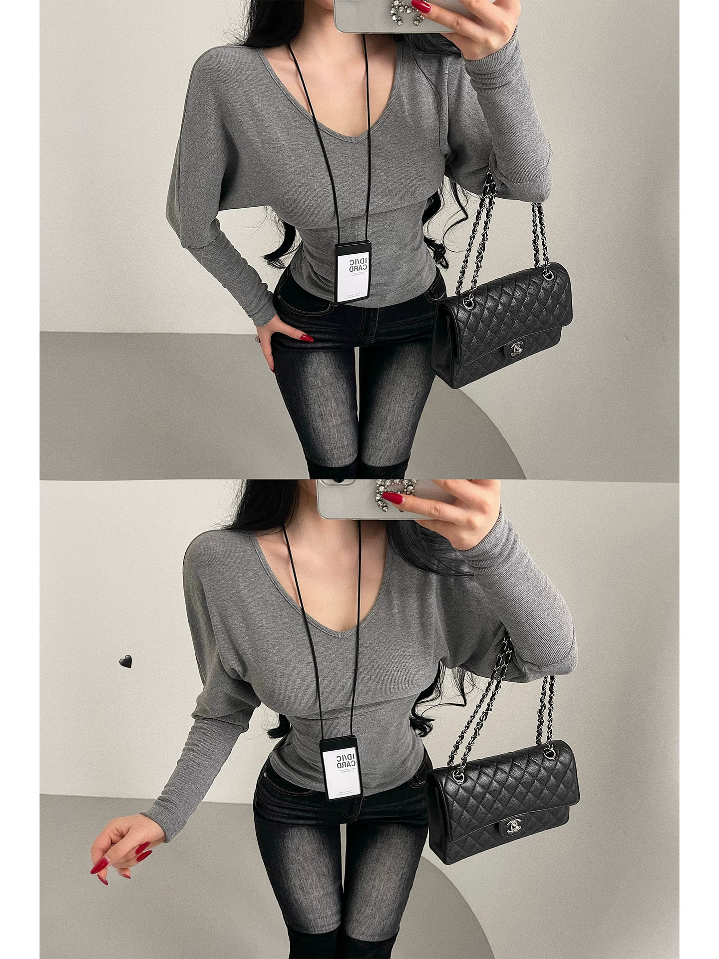 YoungGirlDay phong cách thuần khiết gợi cảm, phong cách thư thái, cổ chữ V, ôm eo, thon gọn, tay áo cánh dơi, áo thun cơ bản