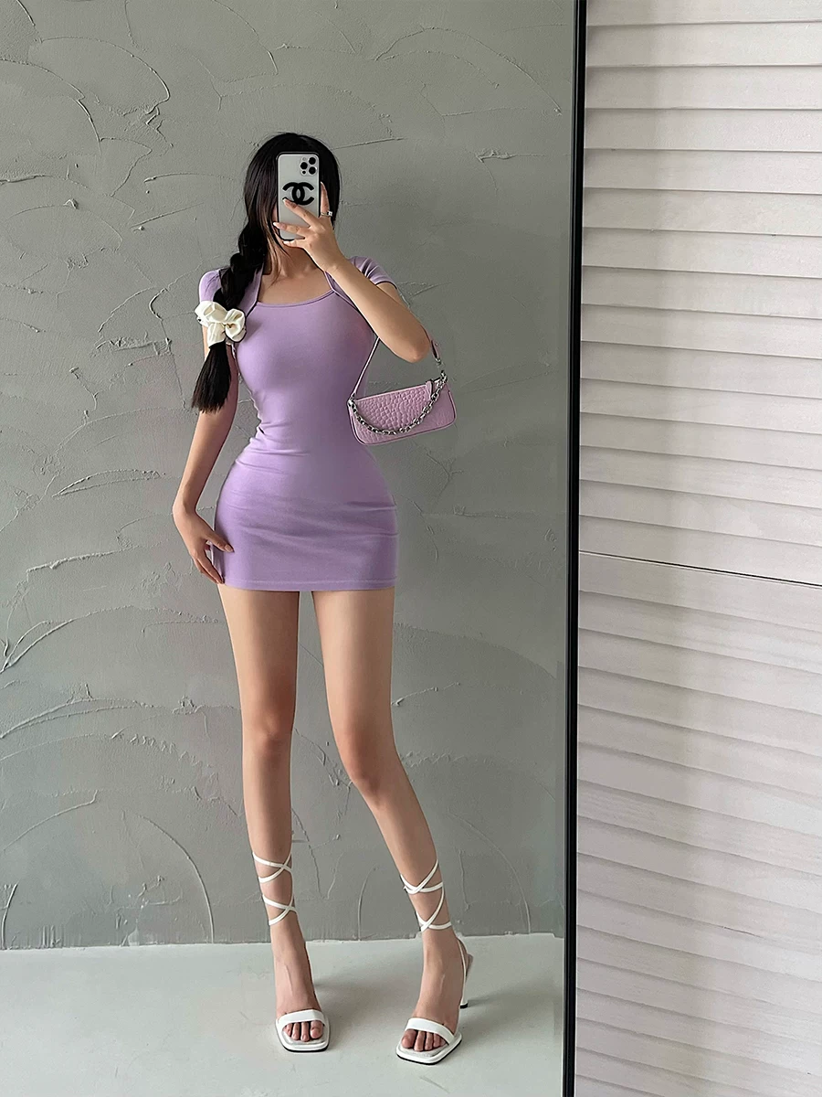 YoungGirlDay phong cách thuần khiết gợi cảm hot girl gợi cảm bó sát giảm béo màu trơn lệch vai váy ngắn tay ngắn váy ngắn