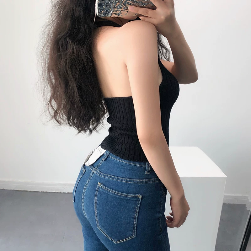 YoungGirlDay Áo ống dệt kim cổ yếm kiểu Âu Mỹ gợi cảm, ôm sát, hở lưng và có dây đeo ngắn.