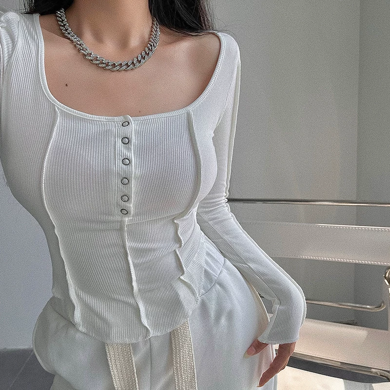 YoungGirlDay Áo thun cơ bản dài tay cổ chữ U cỡ lớn phong cách Âu Mỹ kiểu dáng ôm vừa vặn khâu ngược một hàng khuy