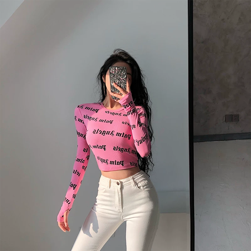 YoungGirlDay Áo thun dài tay cổ tròn in chữ phong cách Âu Mỹ gợi cảm, áo sơ mi ngắn bó sát giúp giảm béo