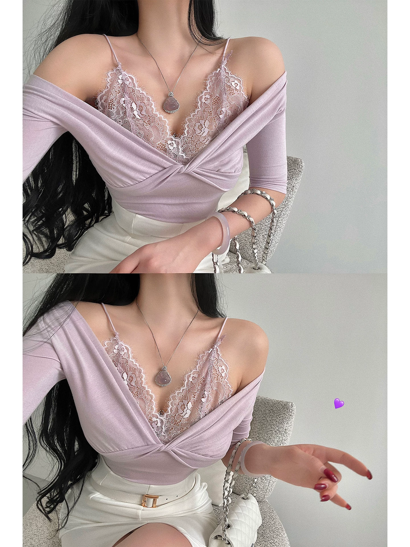 YoungGirlDay khao khát thuần khiết dịu dàng gợi cảm cổ chữ V giả hai mảnh phối ren áo yếm tay lỡ áo thun
