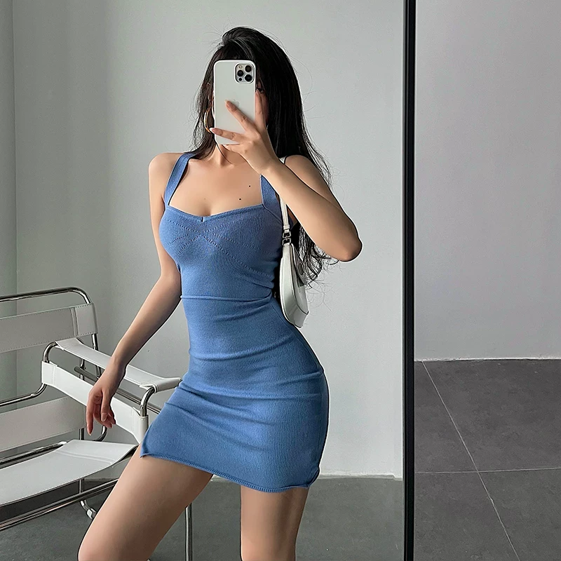 YoungGirlDay Váy ngắn dệt kim xẻ tà kiểu Âu Mỹ gợi cảm, ôm sát, xẻ lưng, váy ngắn