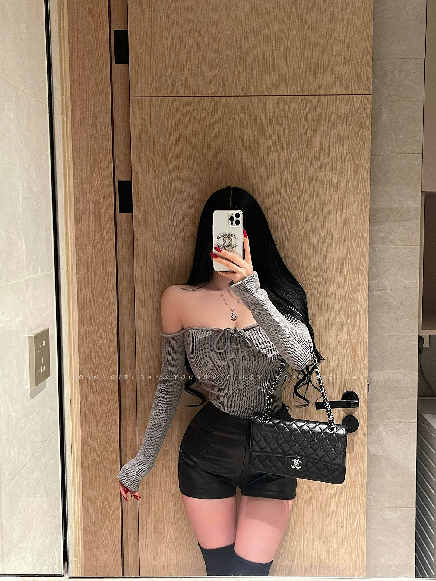 YoungGirlDay khao khát thuần khiết hot girl gợi cảm áo ống trễ vai có nơ thắt nơ áo dệt kim dài tay