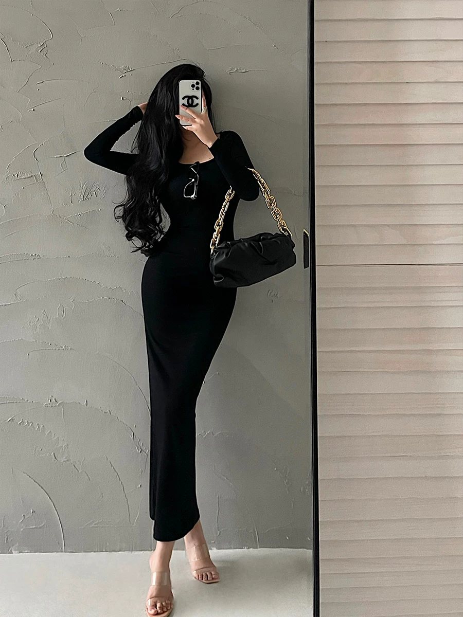 YoungGirlDay Kardashian váy ôm sát cổ tròn gợi cảm, ôm sát cơ thể, tay dài, váy dài