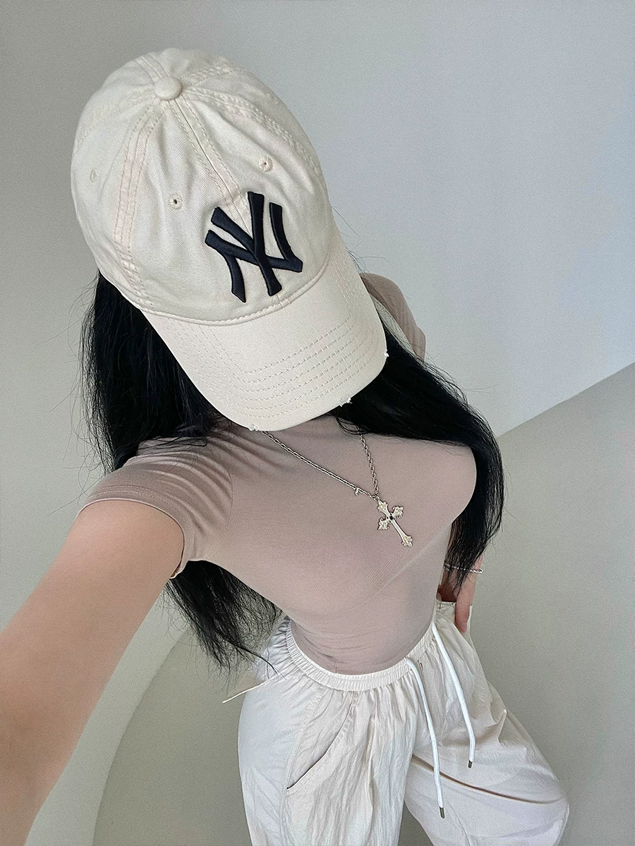 Áo thun ngắn tay đa năng YoungGirlDay Kardashian cổ tròn cơ bản, ôm sát, màu trơn, co giãn, đa năng