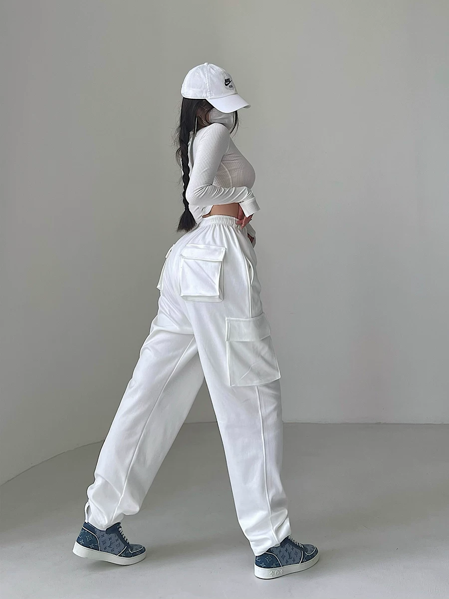 YoungGirlDay Quần jogger dây rút eo cao phong cách Âu Mỹ, có túi lớn, quần thể thao thông thường, quần dài