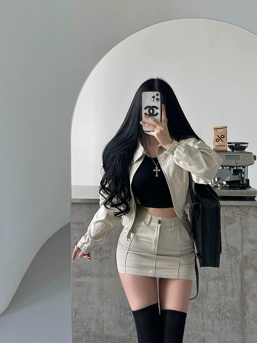 YoungGirlDay Yi Mengling phong cách áo khoác có khóa kéo ve áo, bộ đồ công sở ôm sát eo cao, bộ váy ngắn hợp thời trang
