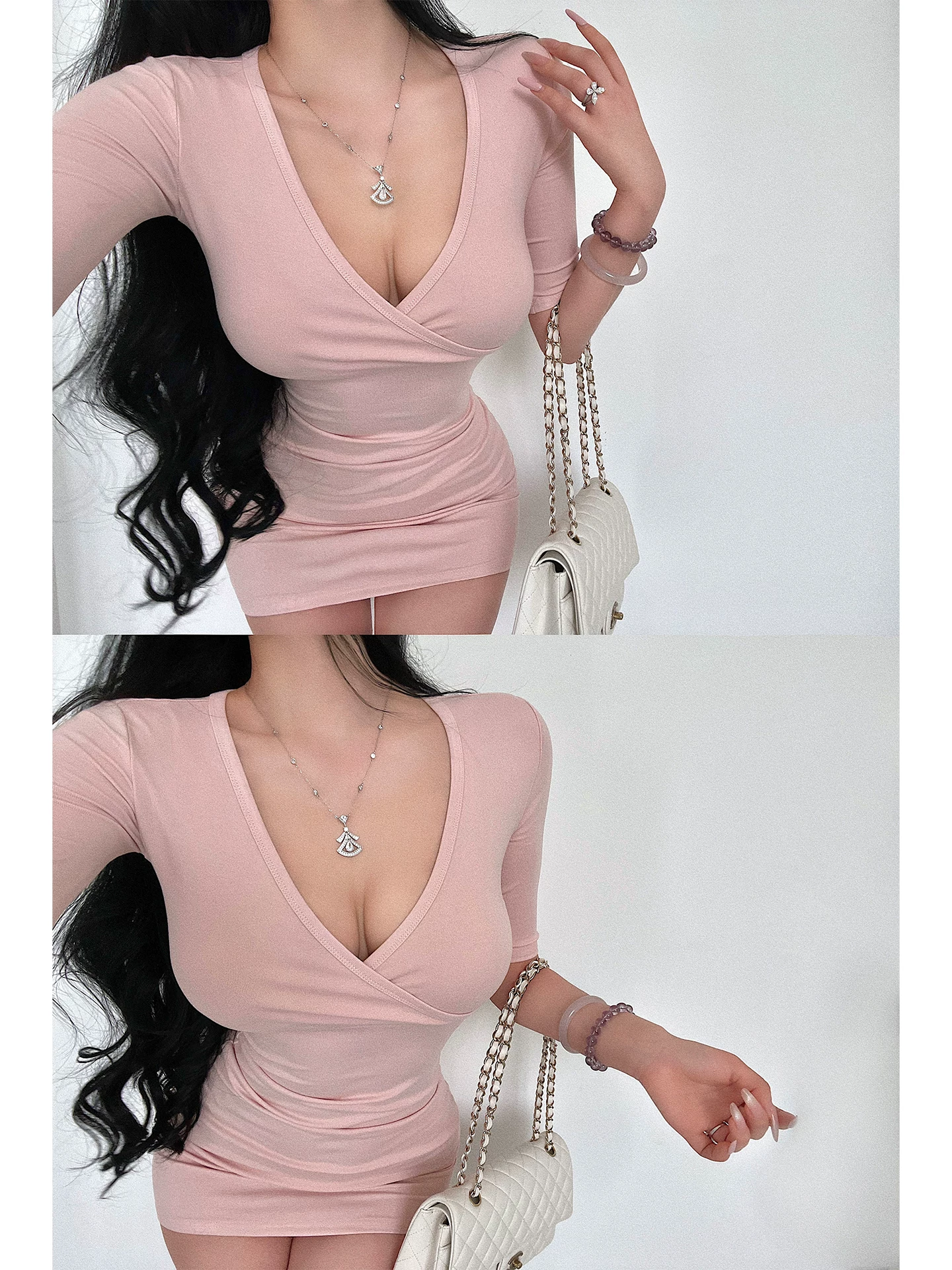 YoungGirlDay Pure Desire Style Hot Girl Gợi cảm cổ chữ V Slim Fit Mid-sleeve Bodycon Dress Váy ngắn