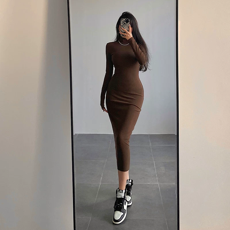 YoungGirlDay Váy dài tay vừa vặn, ôm sát cơ thể, phong cách Âu Mỹ gợi cảm, dày dặn, cổ cao, dài vừa phải.