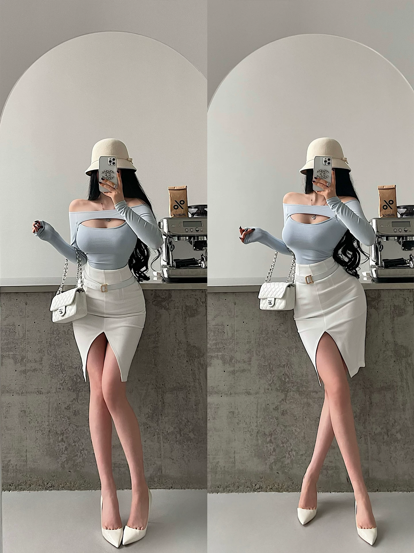 YoungGirlDay Pure Desire Áo thun trễ vai gợi cảm có lỗ khoét ngực Slim Fit Áo thun dài tay có miếng đệm ngực