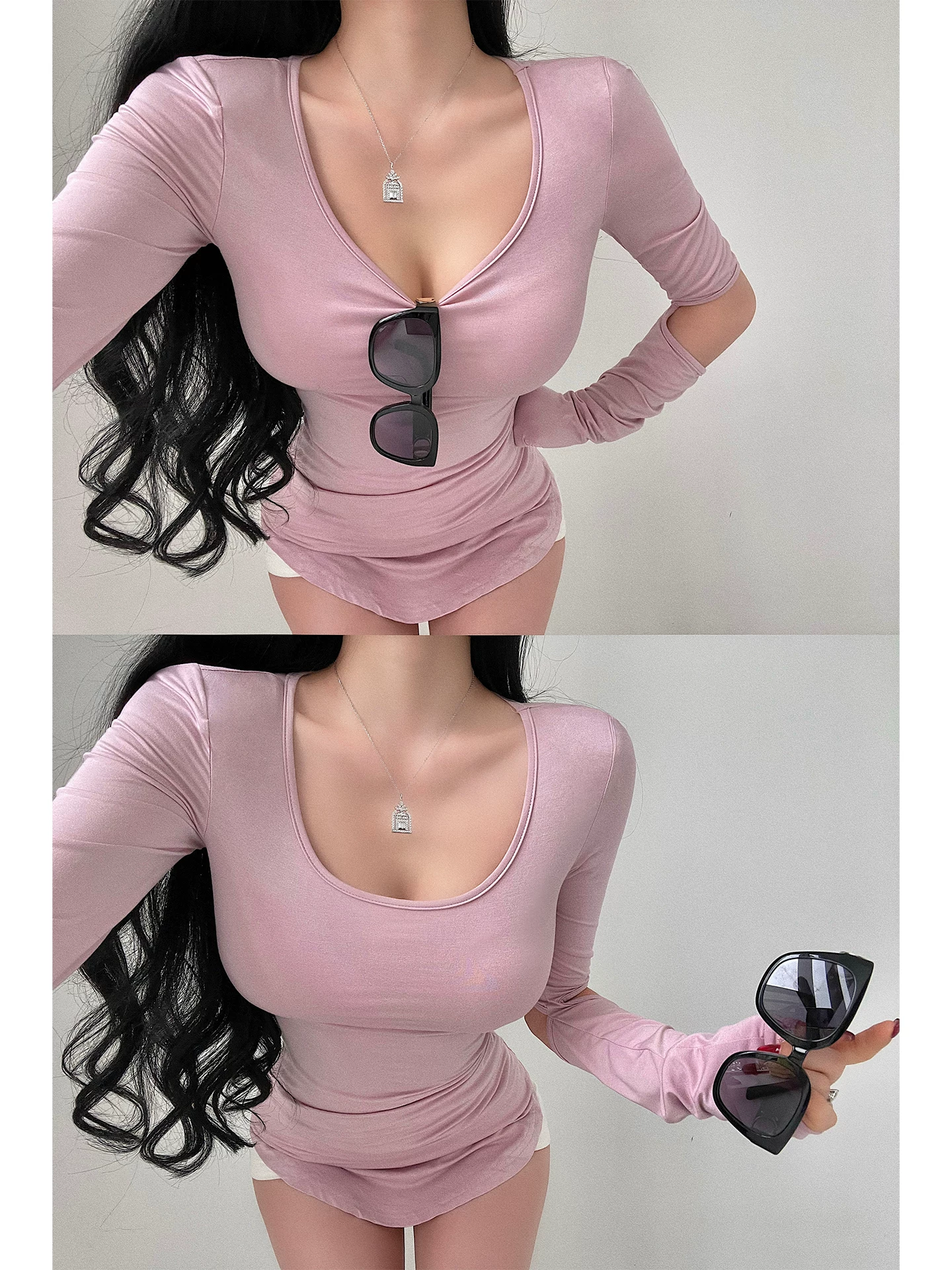 YoungGirlDay phong cách thuần khiết gợi cảm cổ tròn có đệm vai ôm vừa vặn cut-out tay dài ôm sát váy ngắn