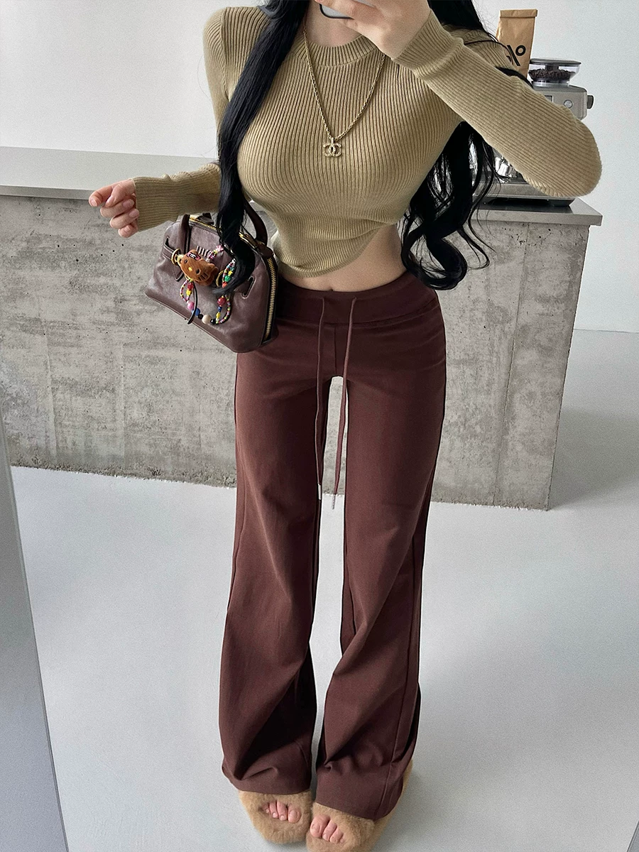 YoungGirlDay Quần dây rút cạp cao thời trang châu Âu và Mỹ giúp chân trông dài hơn, quần ống đứng, quần dài chạm sàn.