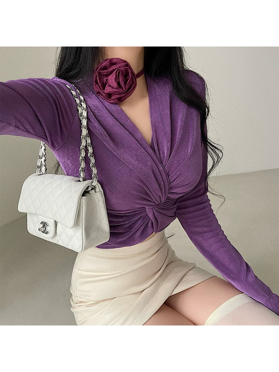 YoungGirlDay Pure Desire Cổ chữ V gợi cảm Slim Fit Twist Eo Giảm béo Áo sơ mi dài tay Áo thun dành cho nữ.