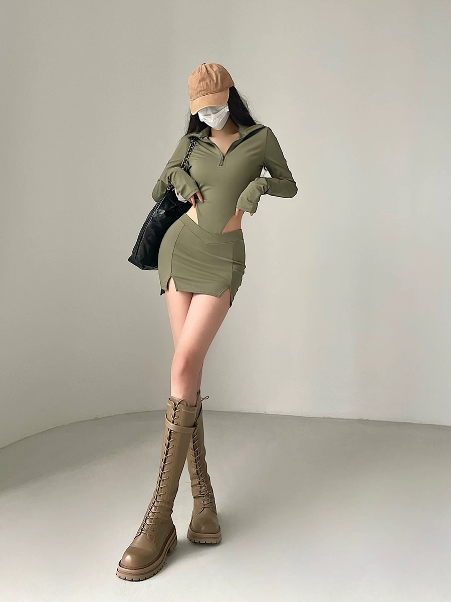 YoungGirlDay bộ đồ liền thân dài tay có khóa kéo gợi cảm chống lộ hàng, bộ váy ngắn ôm sát cơ thể