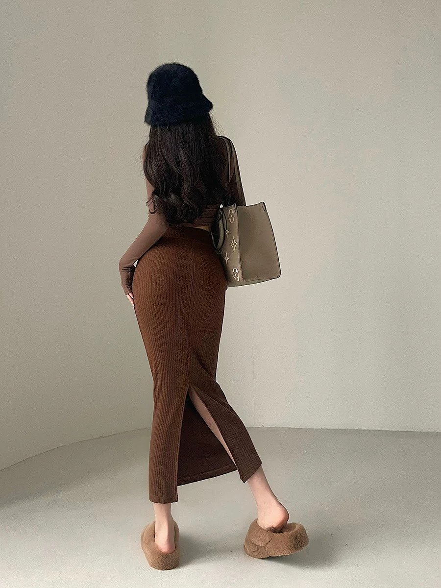 YoungGirlDay Phong cách Âu Mỹ, cạp cao hình chữ V, ôm sát, màu trơn, xẻ lưng, váy dệt kim ôm sát cơ thể